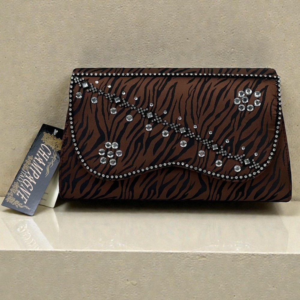 NWT Elite‎ Champagne Evening Clutch Bag Womens Brown Black Zebra Rhinestone VTG